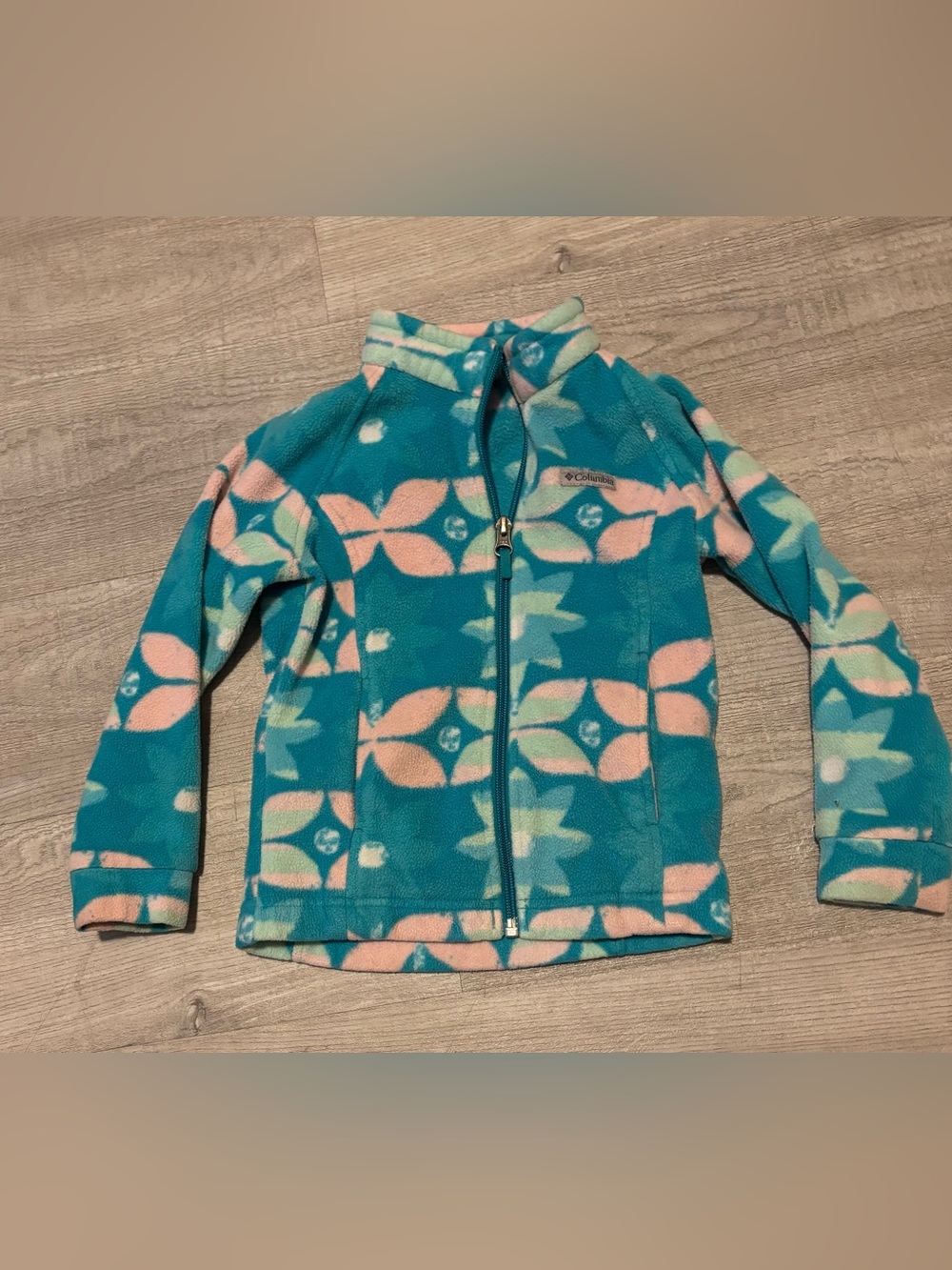 Toddler Girls Columbia Fleece Zip Up 4t Shapes Teal Pink Outdoor Nature